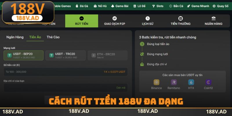 Cách rút tiền 188v đa dạng